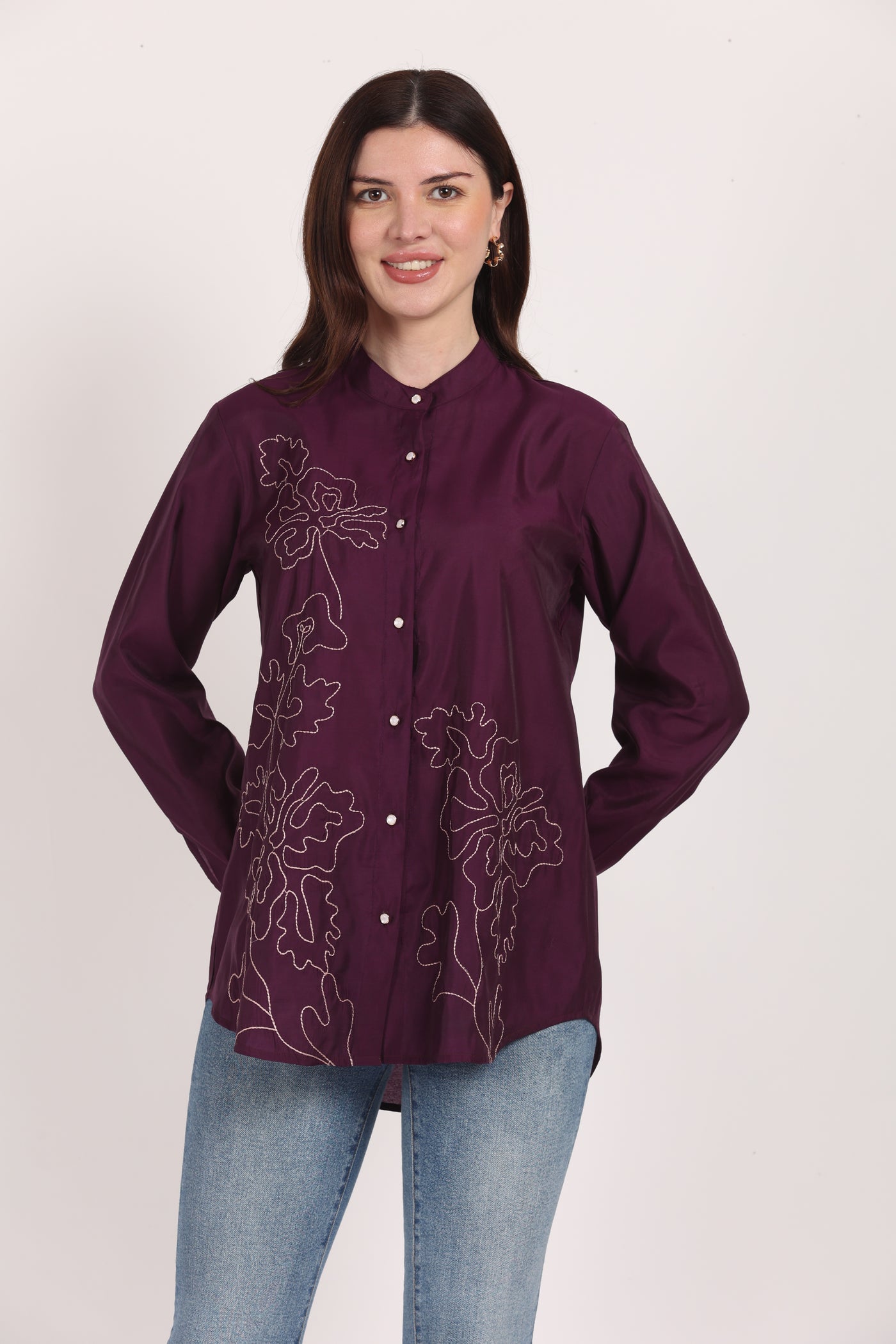 Women Purple Viscose Embroidered Shirt