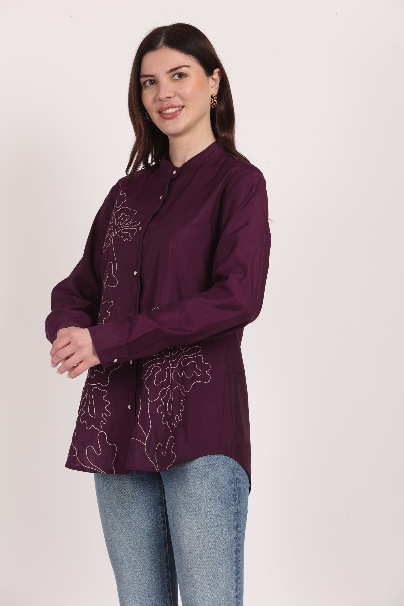 Women Purple Viscose Embroidered Shirt