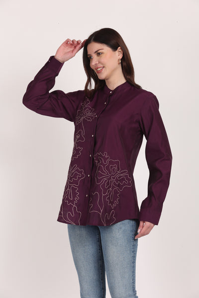 Women Purple Viscose Embroidered Shirt