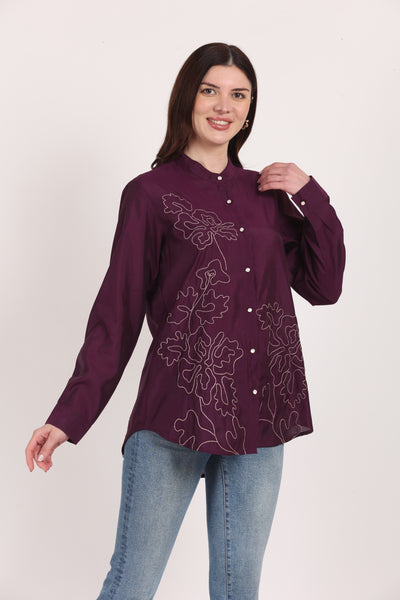 Women Purple Viscose Embroidered Shirt