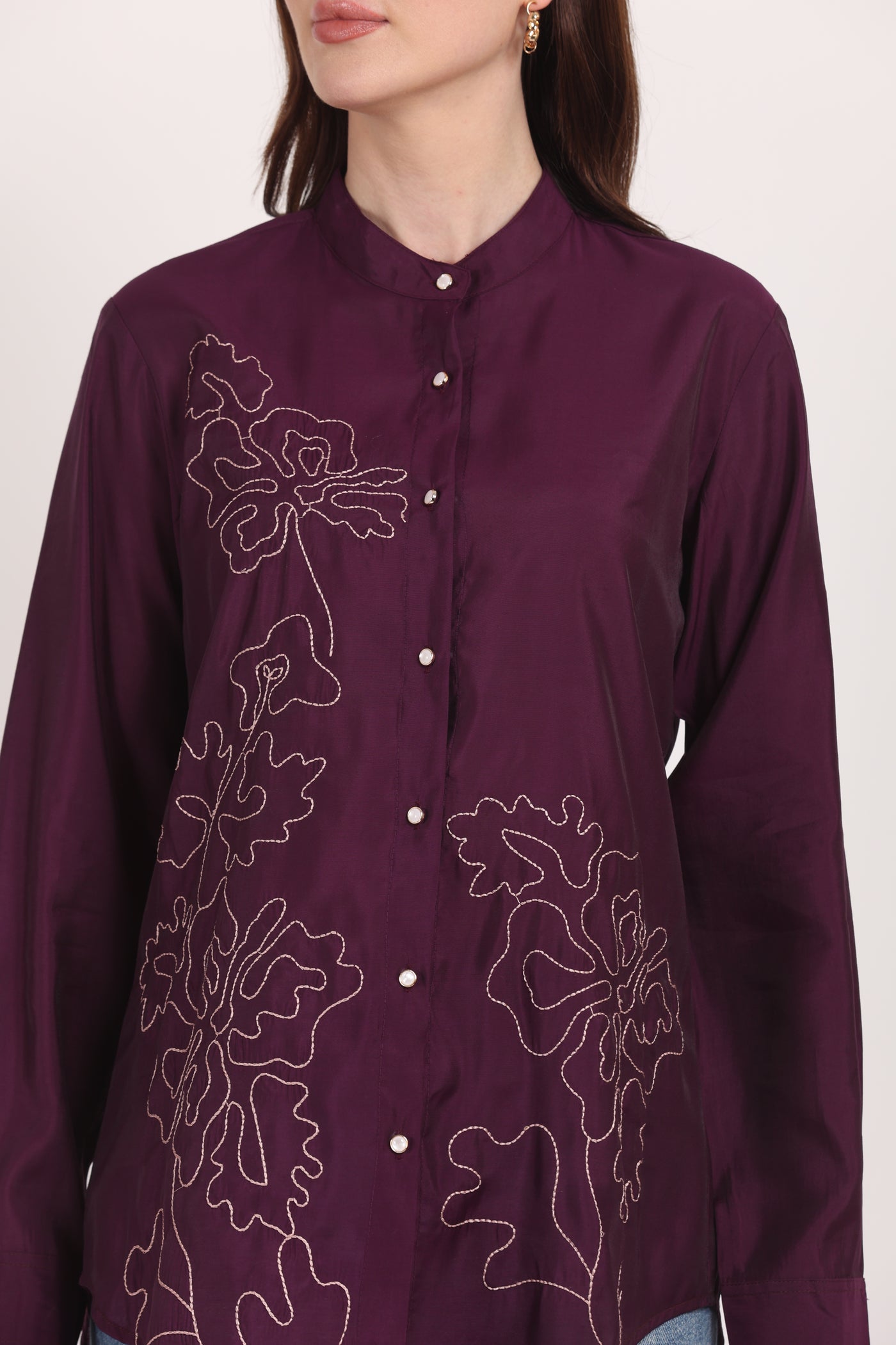 Women Purple Viscose Embroidered Shirt