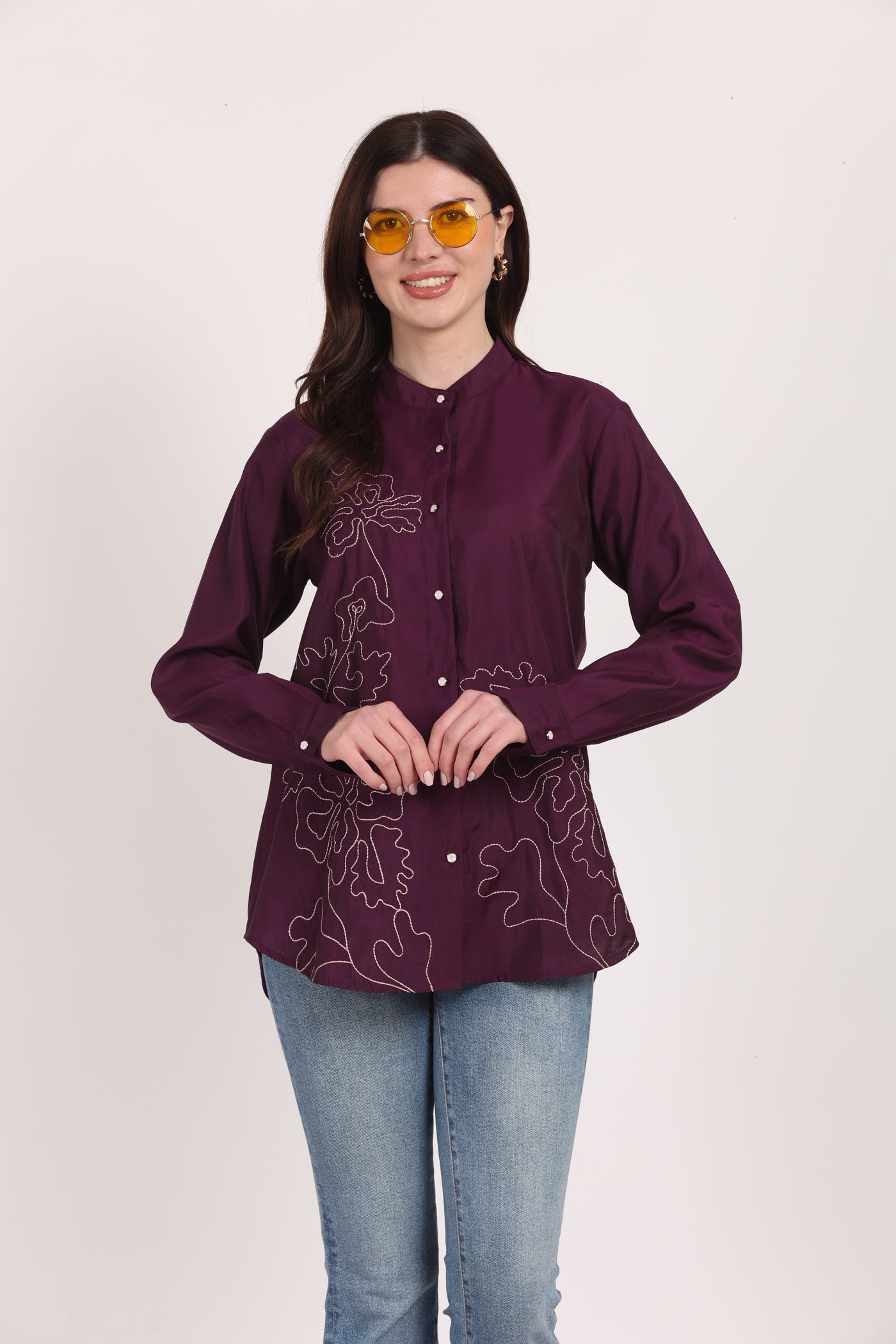 Women Purple Viscose Embroidered Shirt