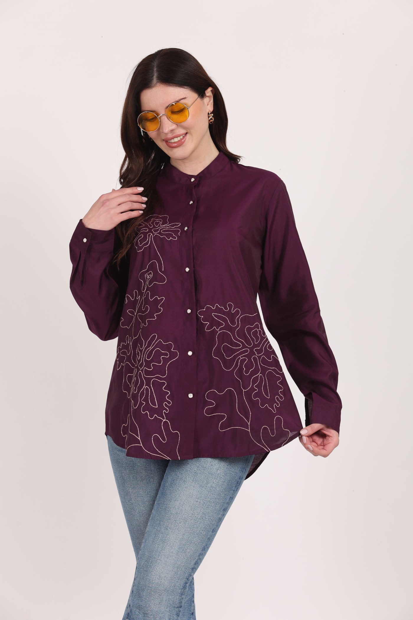 Women Purple Viscose Embroidered Shirt