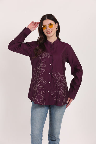 Women Purple Viscose Embroidered Shirt