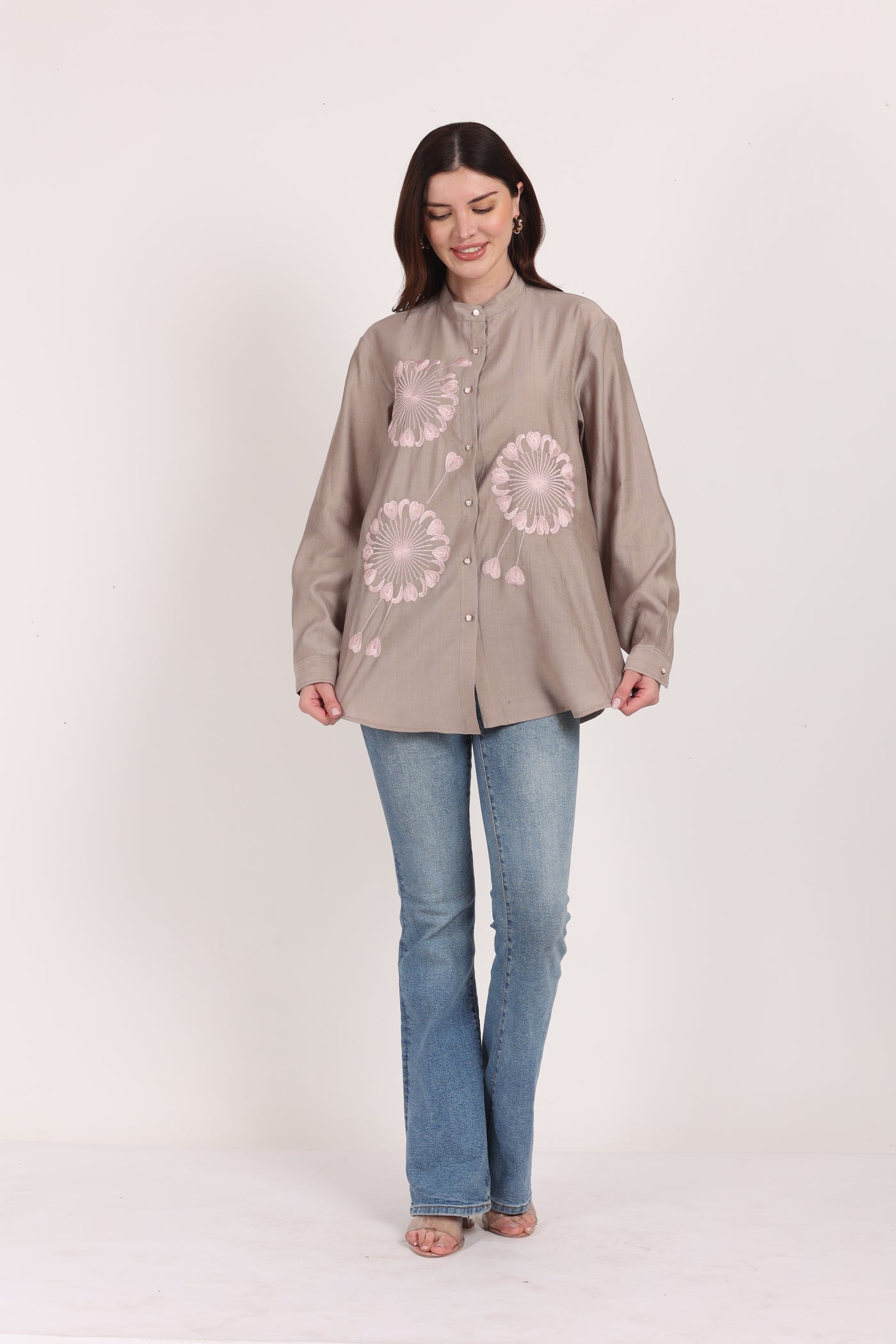 Women Grey Viscose Embroidered Shirt