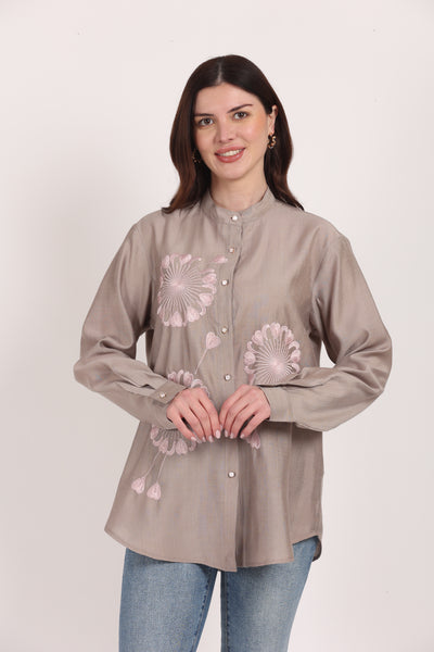 Women Grey Viscose Embroidered Shirt