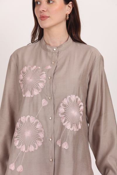 Women Grey Viscose Embroidered Shirt