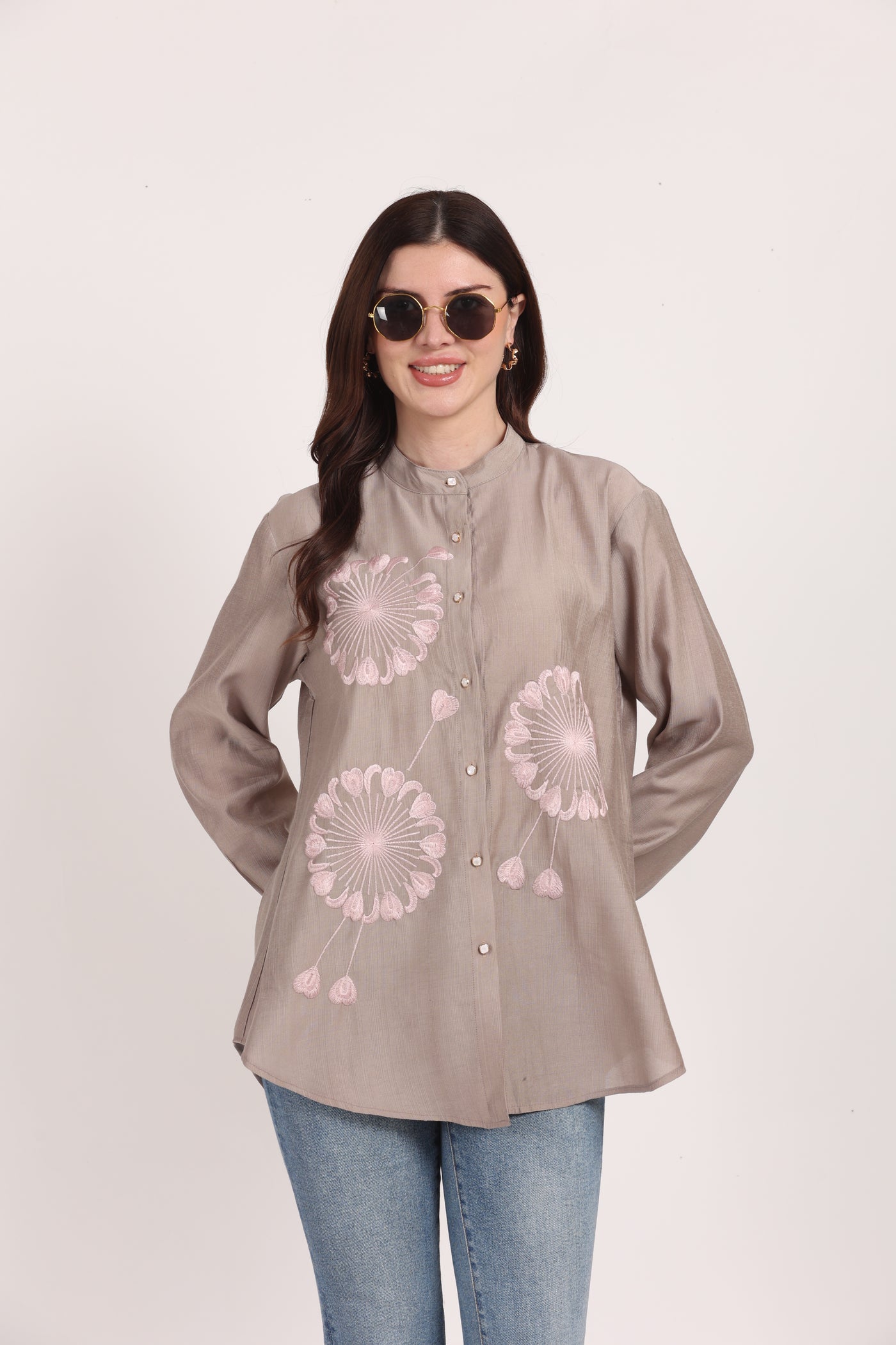 Women Grey Viscose Embroidered Shirt