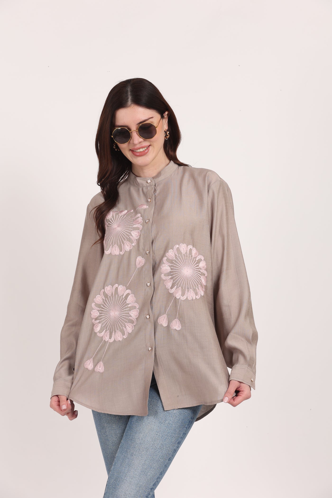 Women Grey Viscose Embroidered Shirt