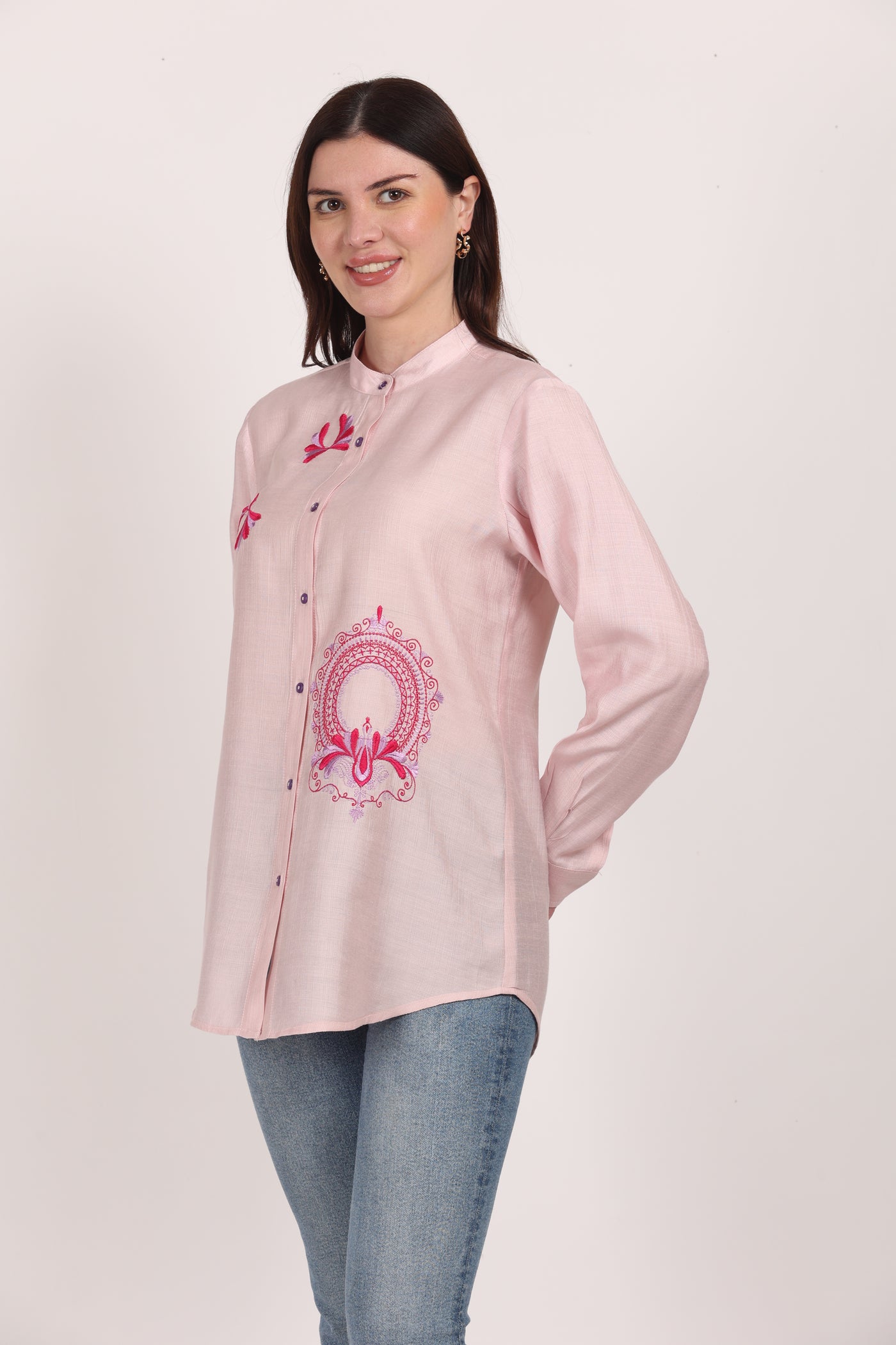 Women Pink Viscose Embroidered Shirt