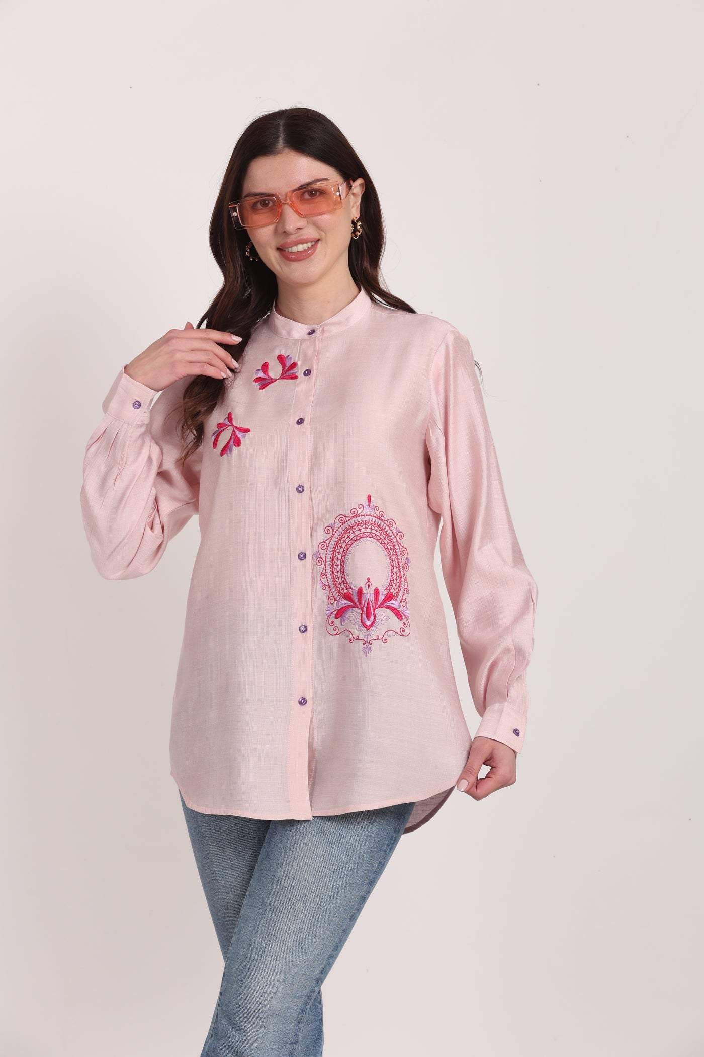 Women Pink Viscose Embroidered Shirt