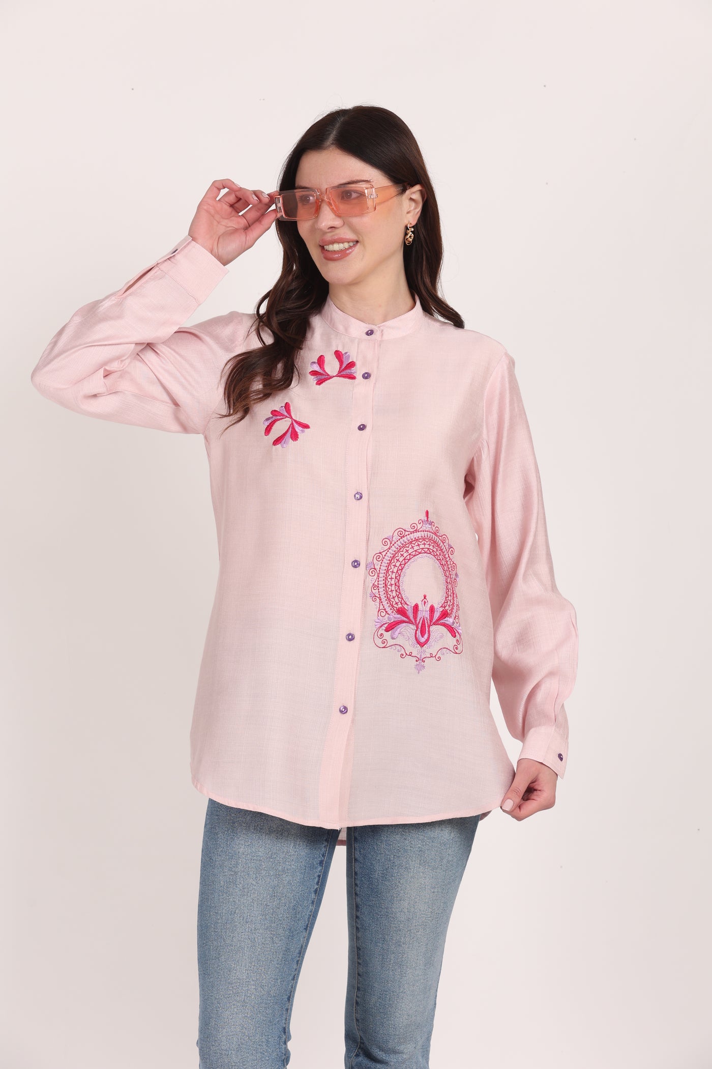 Women Pink Viscose Embroidered Shirt