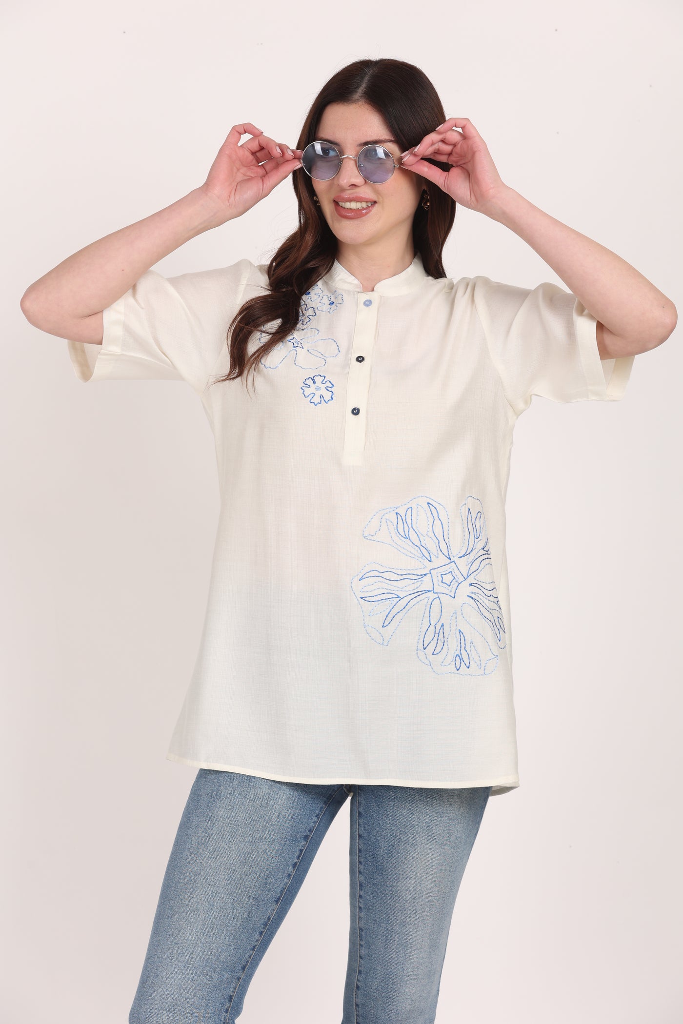 Women White Viscose Embroidered Top