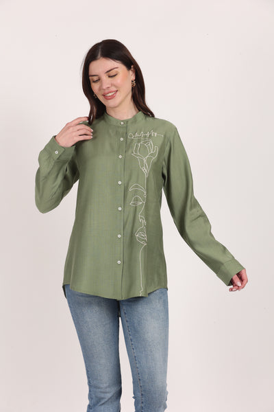 Women Green Viscose Embroidered Shirt