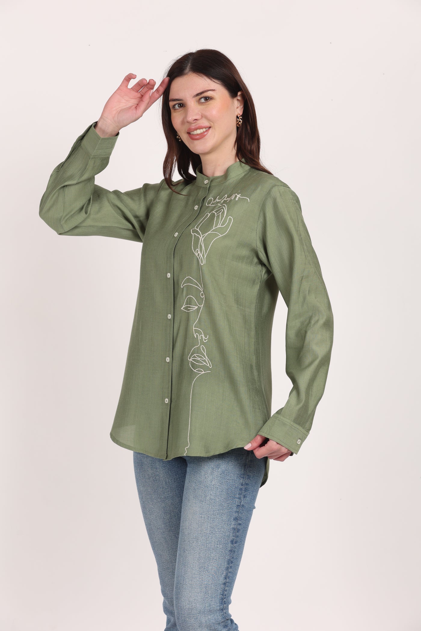 Women Green Viscose Embroidered Shirt