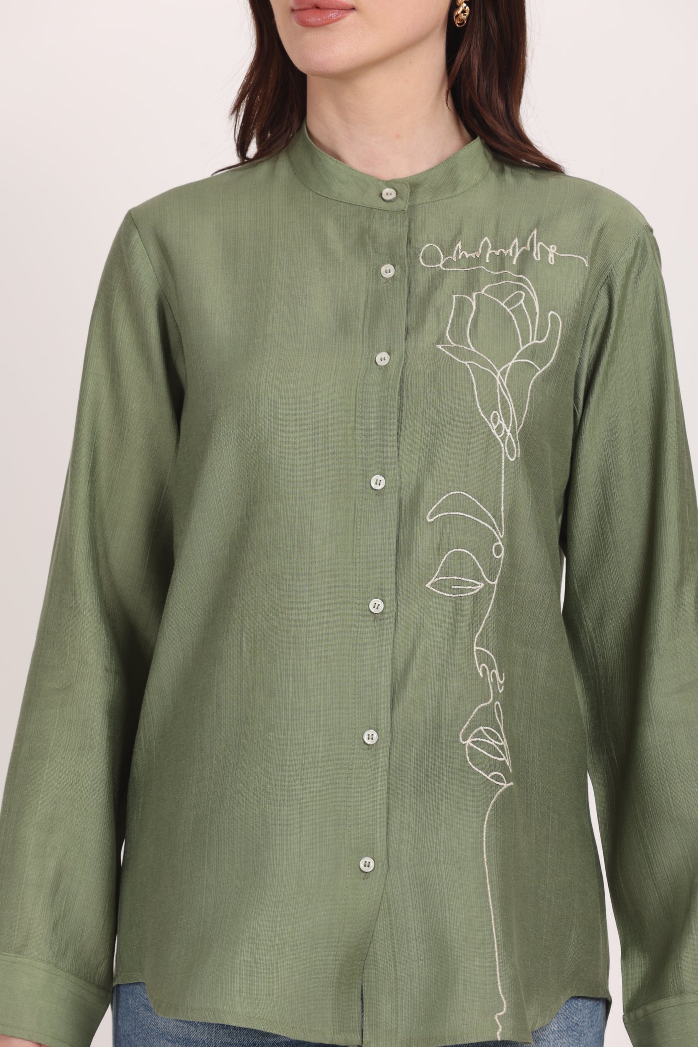 Women Green Viscose Embroidered Shirt