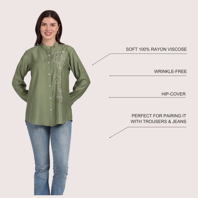 Women Green Viscose Embroidered Shirt