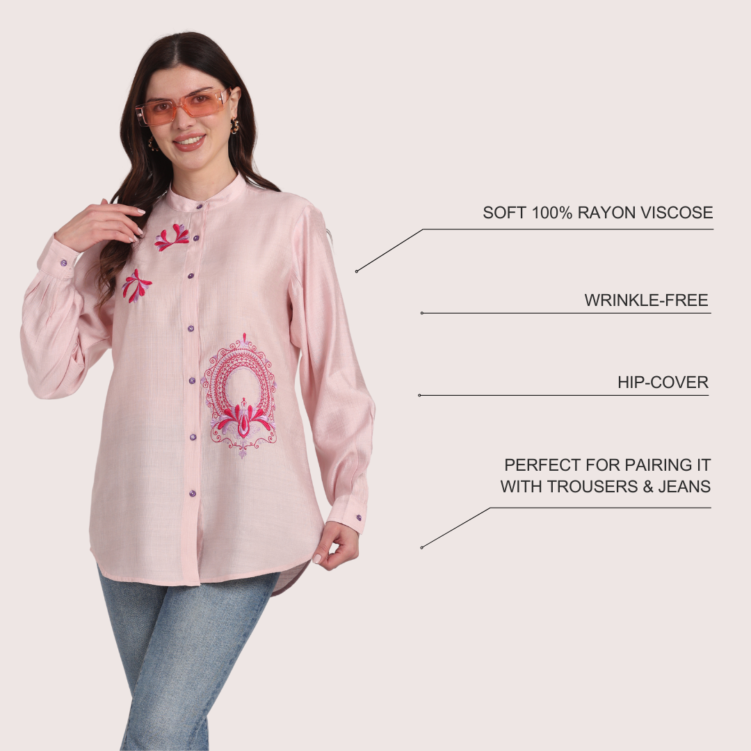 Women Pink Viscose Embroidered Shirt