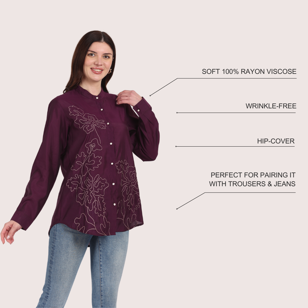 Women Purple Viscose Embroidered Shirt