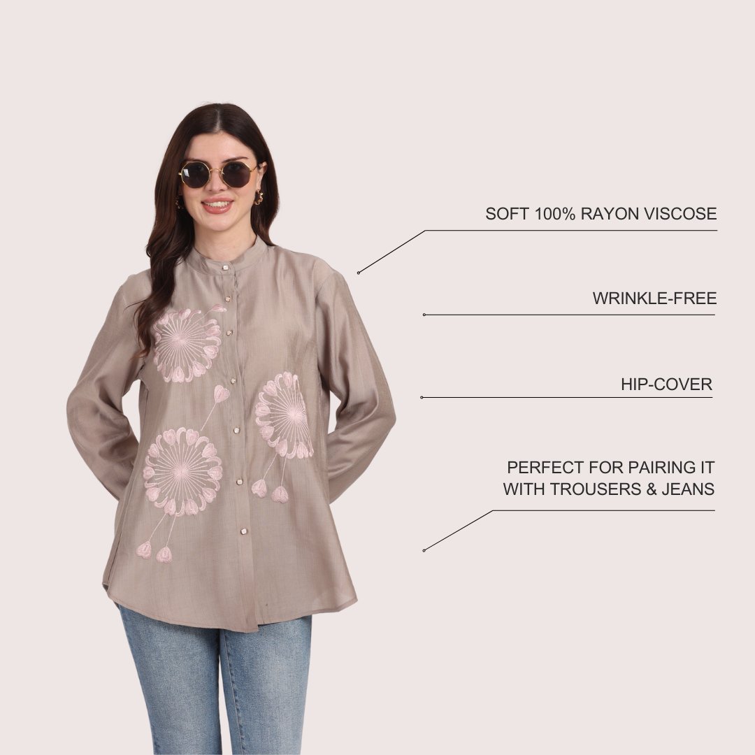 Women Grey Viscose Embroidered Shirt