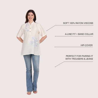 Women White Viscose Embroidered Top